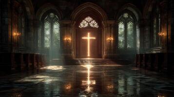 Light shining through stained glass in an ancient chapel creates a serene atmosphere at dusk photo
