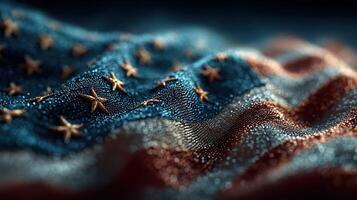 American flag draped with intricate folds and starry patterns reflecting light at close range photo
