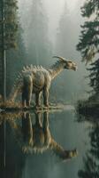 Dinosaur stands near a calm lake surrounded by dense forest during early morning mist photo