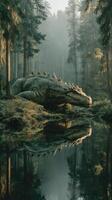 Large dragon resting beside calm forest lake during early morning mist in a tranquil natural setting photo