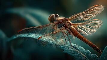 Detailed close-up of a dragonfly perched on a green leaf in a serene, natural environment during the golden hour photo