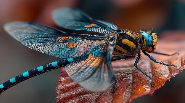 vibrante libélula encaramado en un hoja en un lozano jardín durante luz, exhibiendo intrincado ala patrones y colores foto