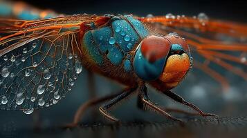 Close-up view of a vibrant dragonfly with water droplets, showcasing intricate details of its wings and body on a dark surface photo