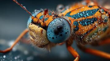 Close-up of a vibrant insect with blue eyes and raindrops on its body, showcasing intricate details in nature photo