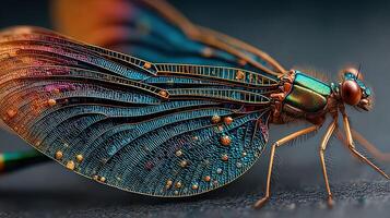 Stunning close-up captures the intricate details of a dragonfly's wings in vibrant colors and textures photo