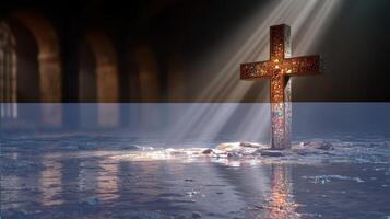 Cross illuminated by soft rays of light in a dark, atmospheric setting within an old stone building photo