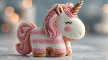 Colorful unicorn-shaped cookie decorated with icing and sprinkles stands on a festive table photo