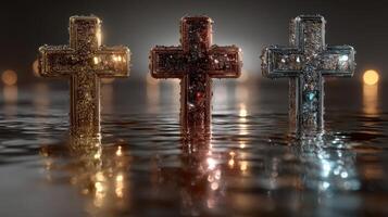 Crosses of different colors reflecting beautifully in calm water at night photo