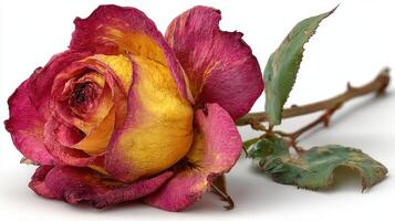 Dried rose with vibrant colors showcasing a blend of yellow and pink hues against a white background photo