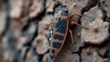 Unique insect perched on textured bark in natural habitat during daylight hours photo