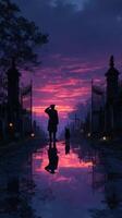 Silhouetted figure saluting at sunset near cemetery gates with dog companion in reflective puddle photo