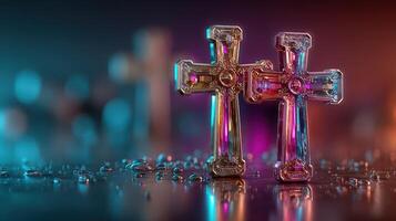 Colorful glass crosses glisten with droplets on a reflective surface during twilight photo