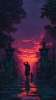 Silhouette of a person and dog against a vibrant sunset in a quiet cemetery photo