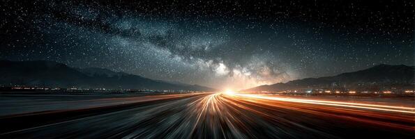 Starlit highway stretching into the mountains under the vast galaxy at night photo