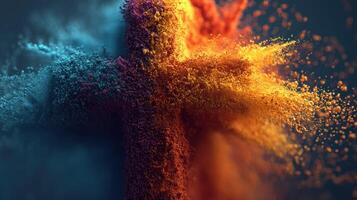 Colorful explosion of powder forming a cross shape in an abstract artistic display photo