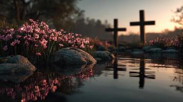 Serene twilight at a peaceful graveyard with blooming flowers near calm waters photo