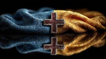 Ukrainian flag with a cross symbol reflecting on a dark surface during a solemn moment of remembrance photo