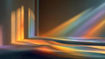 Light rays create colorful reflections on a softly lit surface in an indoor space during the late afternoon photo