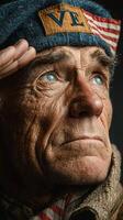 Elderly veteran saluting during a solemn remembrance ceremony, showcasing pride and reflections of a life dedicated to service photo