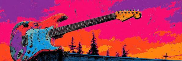 Vibrant electric guitar rests against wooden fence at sunset in colorful sky photo