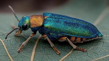 Vibrant blue and green beetle resting on a leaf under natural sunlight in a lush environment photo