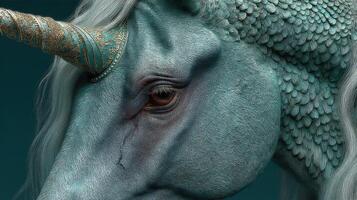 Fantasy unicorn with intricate details showcasing shimmering blue fur and ornate horn in a mystical, artistic atmosphere photo