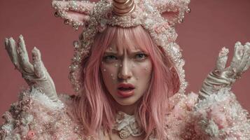 Unique fashion model expresses dramatic emotion while dressed in whimsical pink unicorn outfit indoors photo