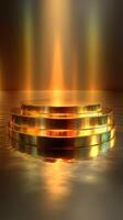 Golden platform surrounded by reflective water under a warm glow in a tranquil setting photo
