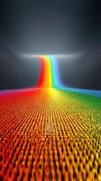Colorful digital landscape with a rainbow waterfall flowing over a vibrant grid in a surreal environment photo