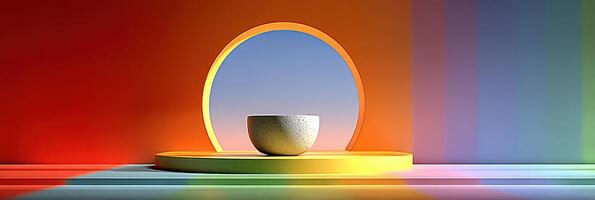 Creative display of a textured bowl against a vibrant multi-colored backdrop at a contemporary art studio photo