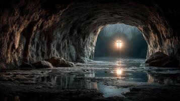 Mysterious cave illuminated by a glowing cross reflected in the still water at twilight photo