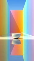 Vibrant colors and reflections create an artistic space with a white bowl at the center under a clear blue sky photo