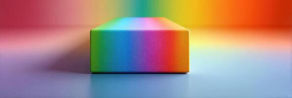 Vibrant rainbow gradient block on a smooth surface illuminated with colorful light at an artistic studio photo
