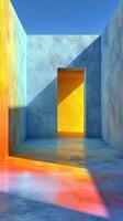 Vibrant geometric shapes create a stunning contrast in a sunlit interior space during midday photo