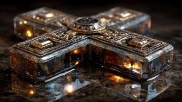 Decorative cross resting on a reflective surface with intricate details and atmospheric lighting photo