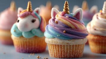 Scrumptious unicorn cupcakes with colorful frosting on display at a festive dessert table photo