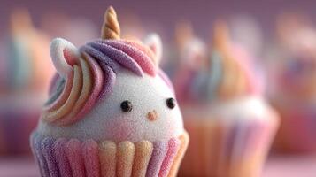 Magical unicorn cupcakes decorated with colorful frosting in a whimsical pastel setting photo