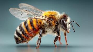 Detailed close-up of a honeybee showcasing its intricate features and vibrant colors against a soft background photo