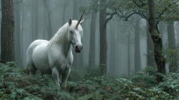 Enigmatic white unicorn standing among lush ferns in a misty forest at dawn photo