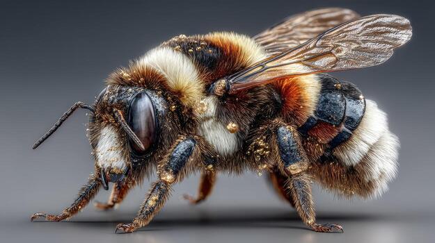 Close-up of a bumblebee showcasing intricate details of its body and wings during daytime exploration on a plain background photo