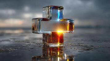 Glass cross sculpture reflecting light during sunset with dramatic clouds in the background photo