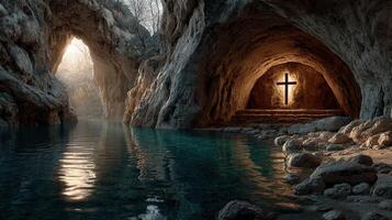 Serene cave landscape with a glowing cross near tranquil water at dawn photo