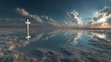 Salt flat landscape with a large cross reflecting in still water under dramatic sky at sunset photo