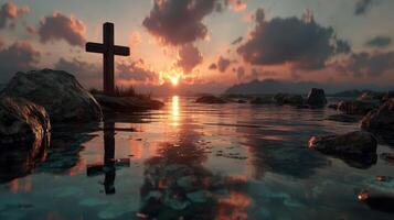 Sunset view over tranquil water with a cross and rocky shore in a serene landscape photo