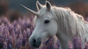 Majestic white unicorn exploring a lavender field during golden hour in a serene landscape photo