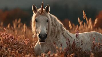 White unicorn rests in golden field surrounded by tall grasses at sunset with warm tones illuminating its features photo