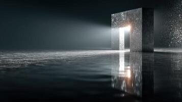 Mysterious metallic structure illuminated by soft light in a dark, reflective environment at night photo