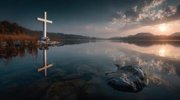 Reflection of a cross at sunrise by a serene lake surrounded by mountains photo