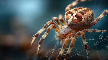 Close-up view of a spider weaving its intricate web in a tranquil forest setting during the early morning light photo