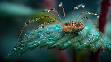 Spider resting on a leaf covered in dew droplets during early morning light in a lush garden photo